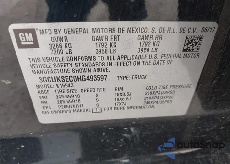 2017 Chevrolet Silverado 1500 2Lz из США, поврежденный, VIN 3GCUKSEC0HG493597